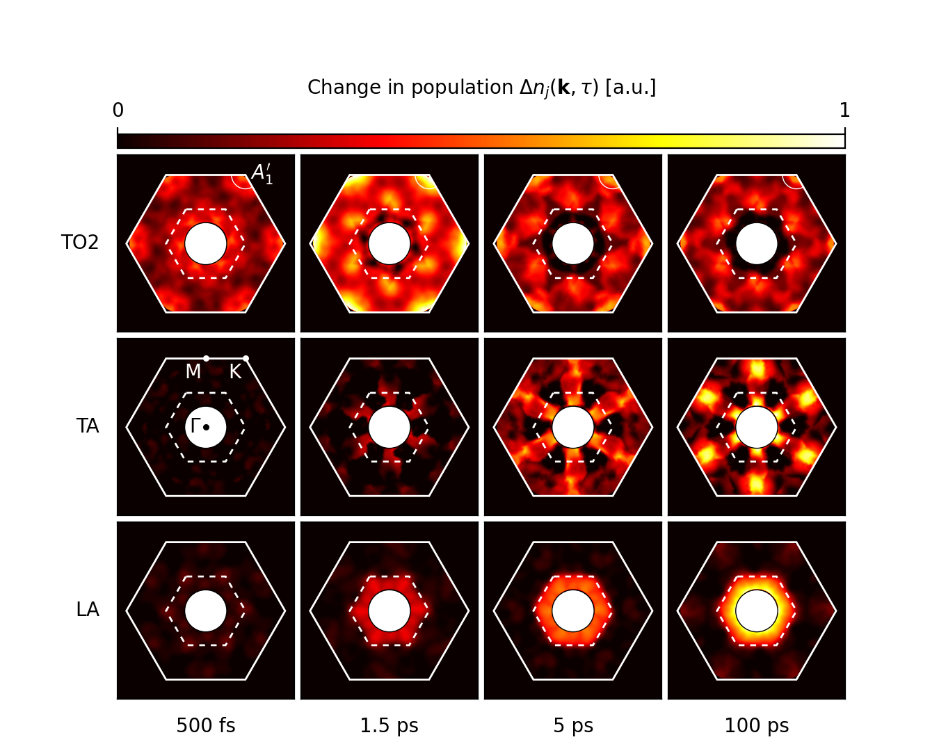 Population dynamics of in-plane phonon of graphite, for selected modes, across the entire Brillouin zone. The in-plane geometry of the Brillouin zone is shown in the center left panel, showing the location of the high-symmetry point K, M, and \Gamma. The location of the transverse optical phonon A_1' is shown in the top row.